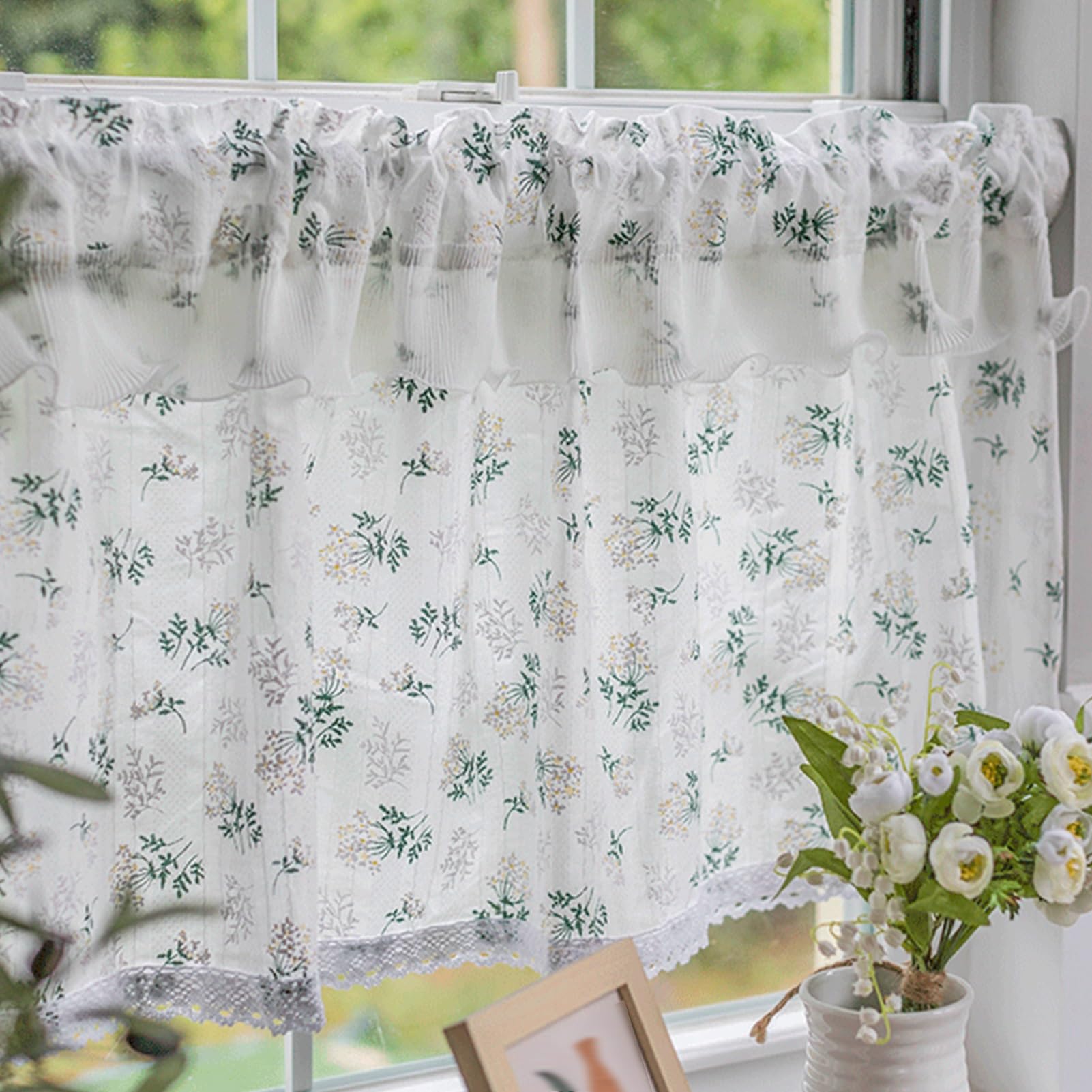 Mantovana, Mantovane Decorative con Volant, Non è Necessario forare Le Tenda da Cucina, Mezze Tende in Pizzo di Cotone e Lino, Tende divisorie da bistrot(W51.1xH31.4/130x80cm)