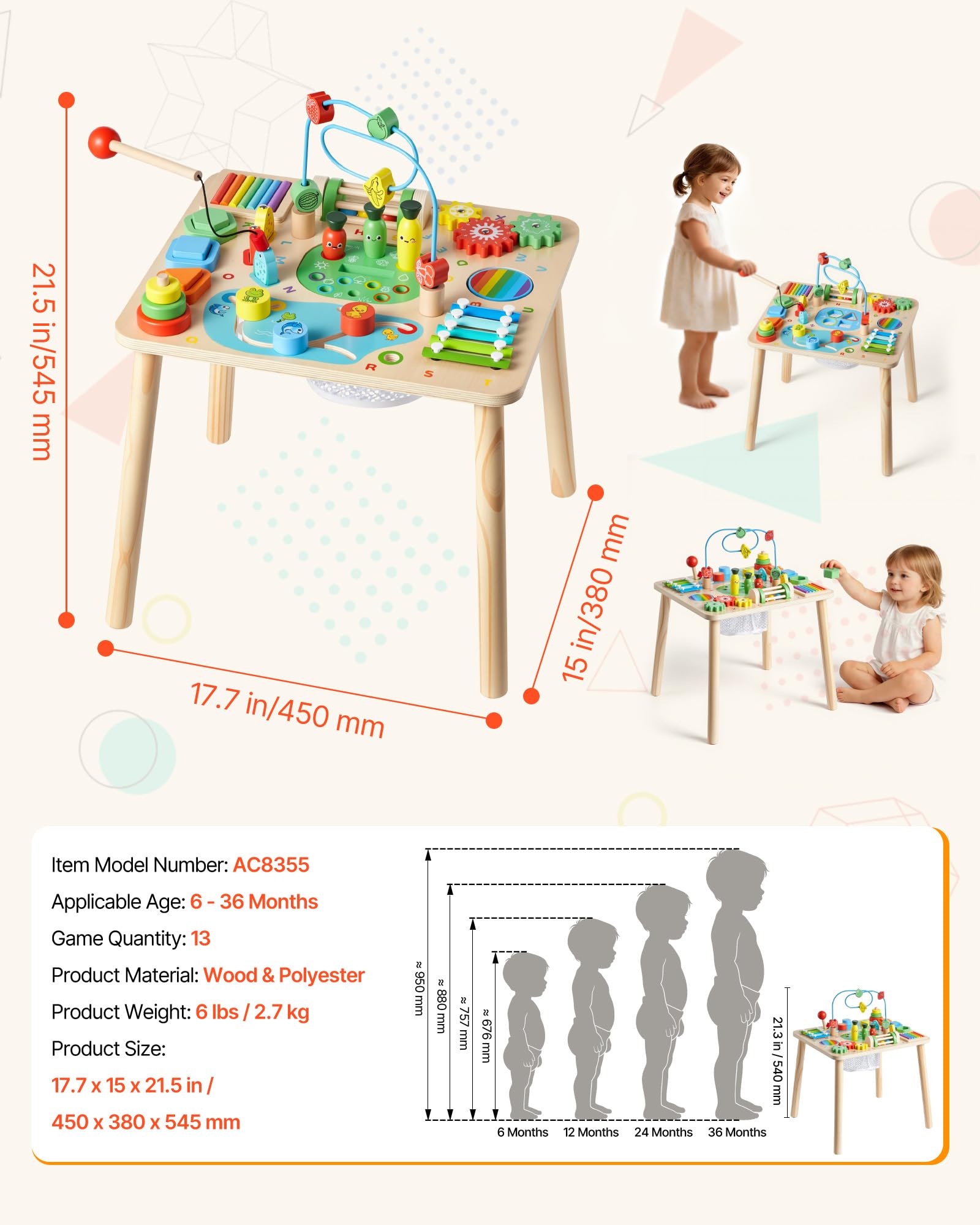 VEVOR Holz Aktivitätstisch, Montessori Spielzeug, 13-in-1-Lerntisch, Spieltisch Aktivitätstisch für Kinder ab 6 Monaten, Geburtstag, Weihnachten oder Kindertag, 6-36 Monate