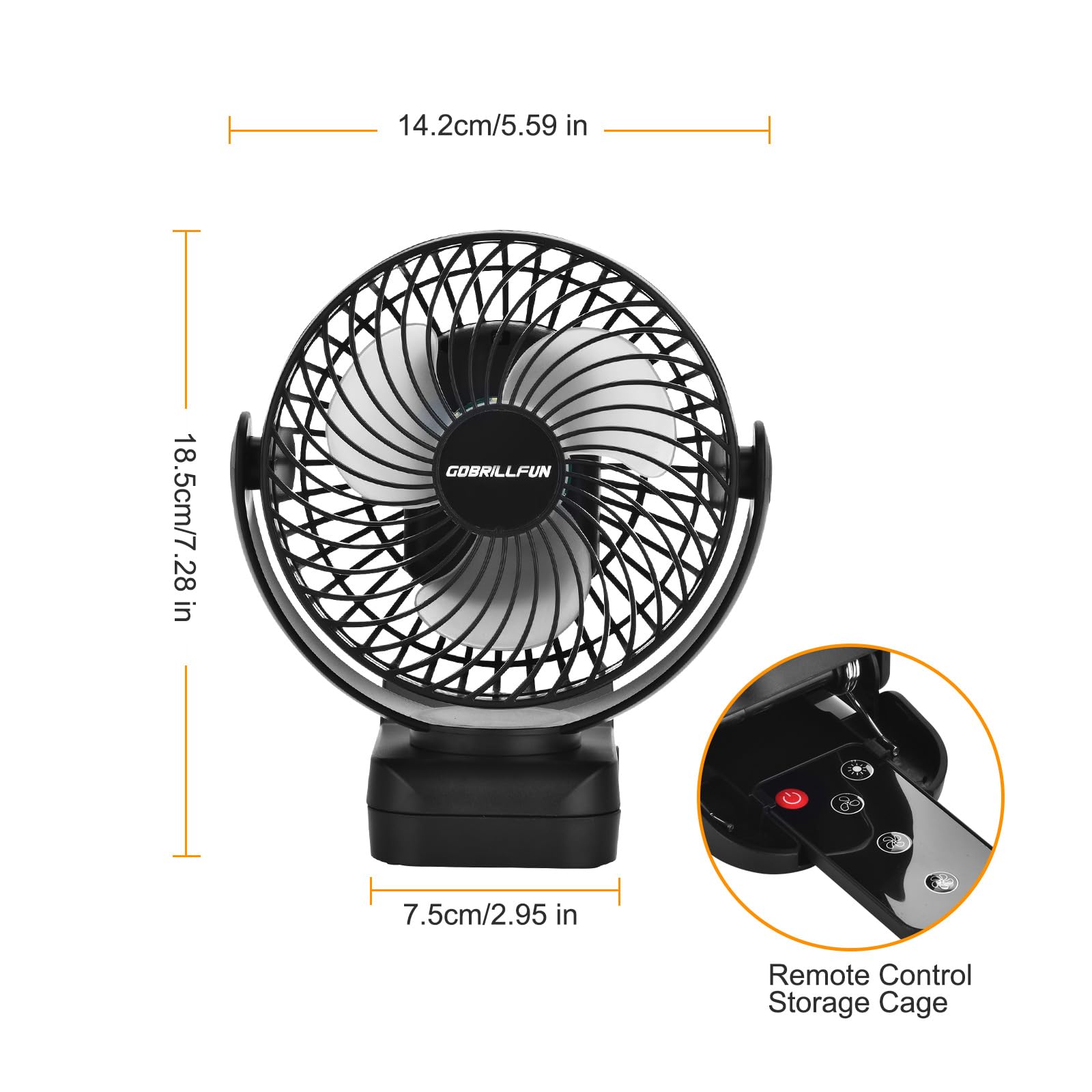 Ventilateur à pince télécommandé 6 pouces 12 000 mAh, veilleuse LED, 3 vitesses, ventilateur USB personnel portable pour la maison, le bureau, le camping-car et le camping en plein air-noir