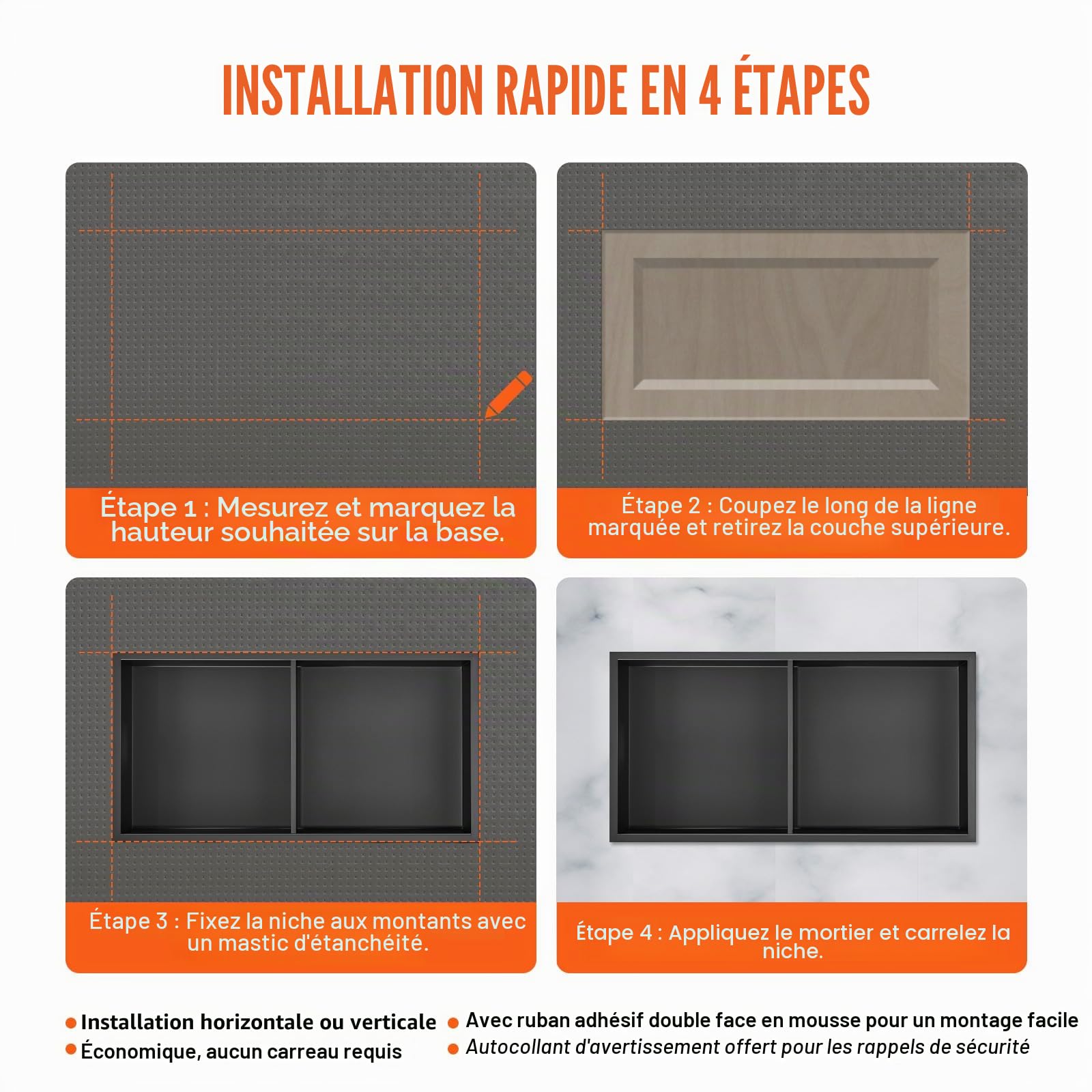 VEVOR Niche Encastrable Salle de Bain 33,02x63,5 cm Niche Douche Murale Double Étagère Acier Inoxydable 304 Scellée Étanche Facile à Nettoyer Moderne pour Stockage de Savon Douche Salle de Bains, Noir