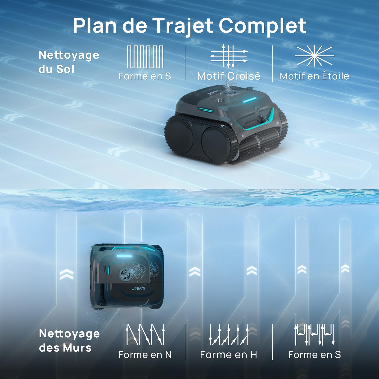 WYBOT (Nouveau Modèle) Robot Piscine sans Fil C2 Vision-A avec caméra IA, Filtration Ultra-Fine, Forte Aspiration, Nettoyage Fond/parois & Ligne d’Eau, Navigation Intelligente – Bleu-Vert Gris