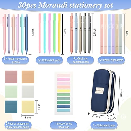 Miniatura 8 de 30 piezas de suministros escolares estéticos con estuche, 6 lápices mecánicos, 5 bolígrafos, 5 bolígrafos de secado rápido, 6 resaltadores pastel,