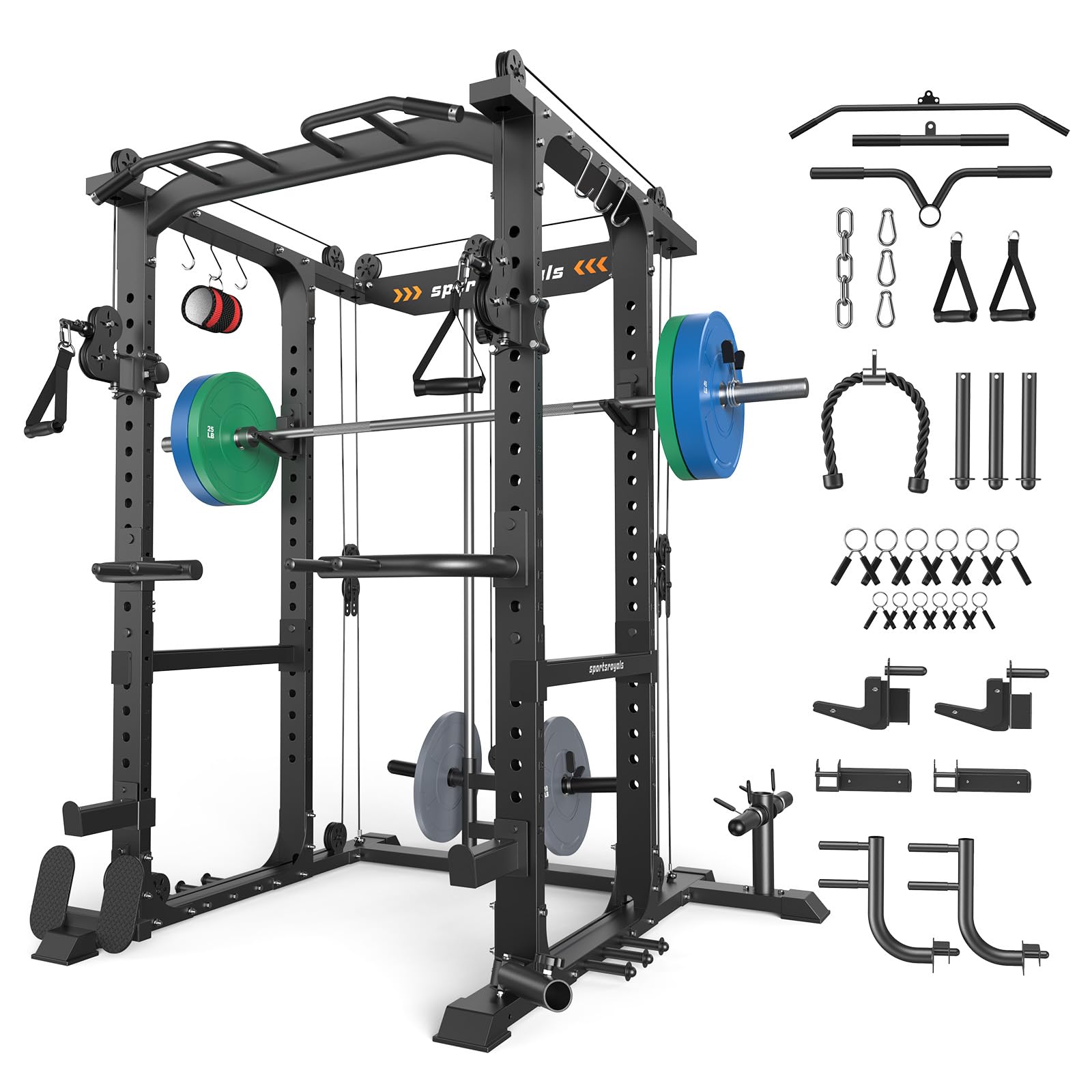 Sportsroyals Power Cage 1600lbs Power Rack with Adjustable Cable Crossover, Multi-Function Squat Rack with Pulley System and Training Attachments for Home Gym