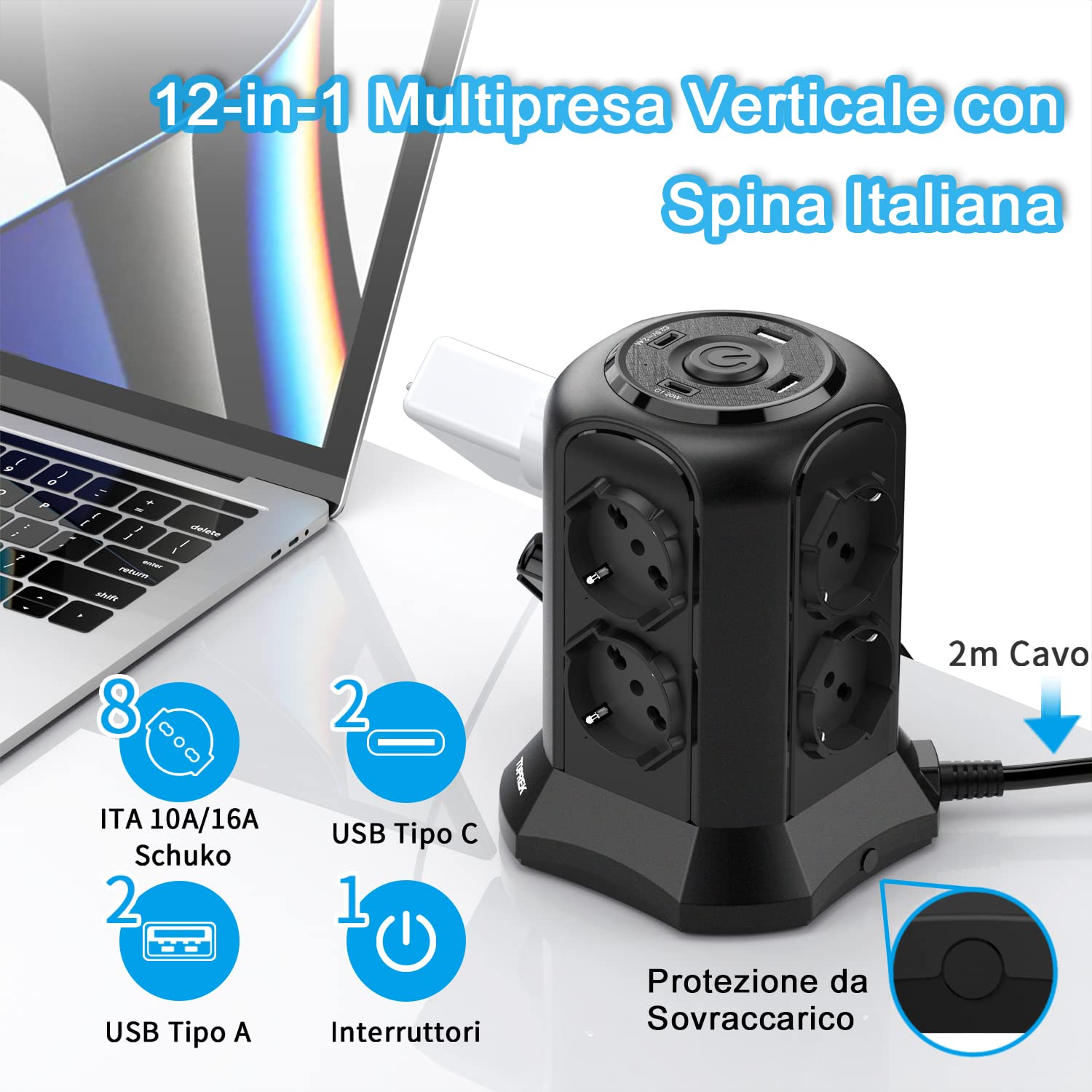 TOPREK Multipresa Verticale con 8 Prese Universali ITA 10/16A e Schuko e 2 Tipo C e 2 Tipo A(USB-C1 20W PD3.0 Ricarica Rapida), 4000W/16A, Ciabatta Multipresa con Interruttore,2M Cavo,Spina 16A,Nero