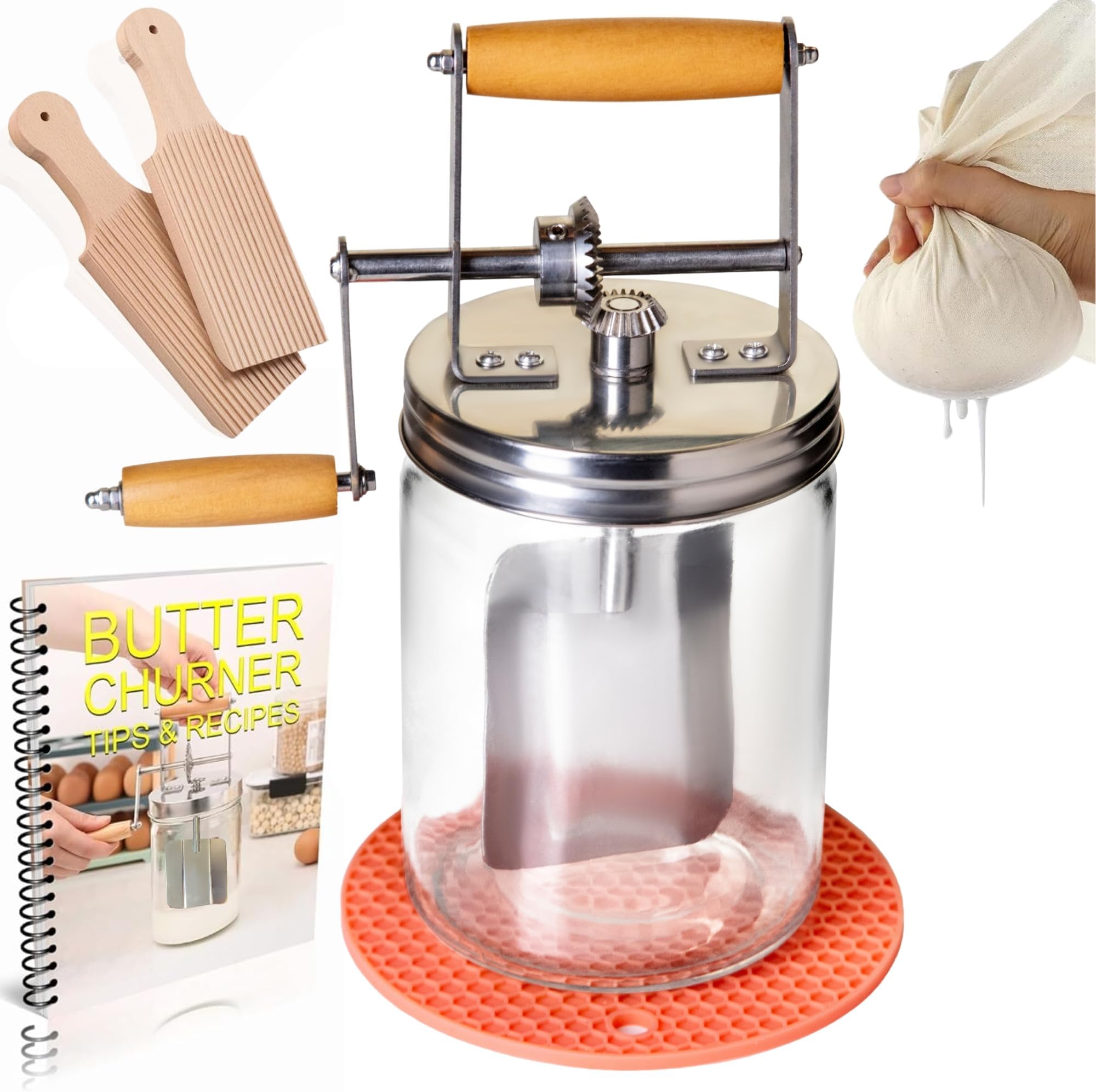 Dazey Butter Churner - Cheese Cloth, Shaping Paddles, Recipe Book INCLUDED- Hand Crank Manual Butter Maker- Create Delicious Homemade Butter With Your Own Hand Crank Dazey Churner