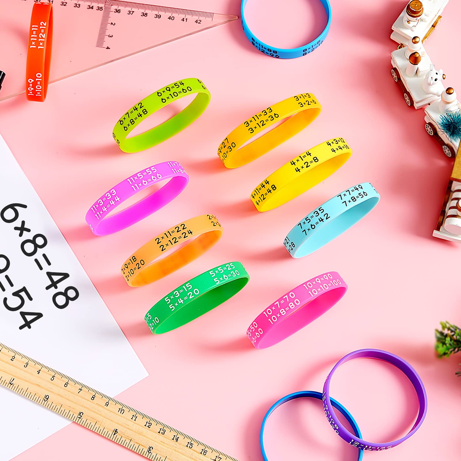 Bracelets en caoutchouc pour apprendre les mathématiques, multiplication, bracelet fantaisie en silicone pour événements, aide à l'éducation, récompense pour étudiants, 12 couleurs (144 pièces)