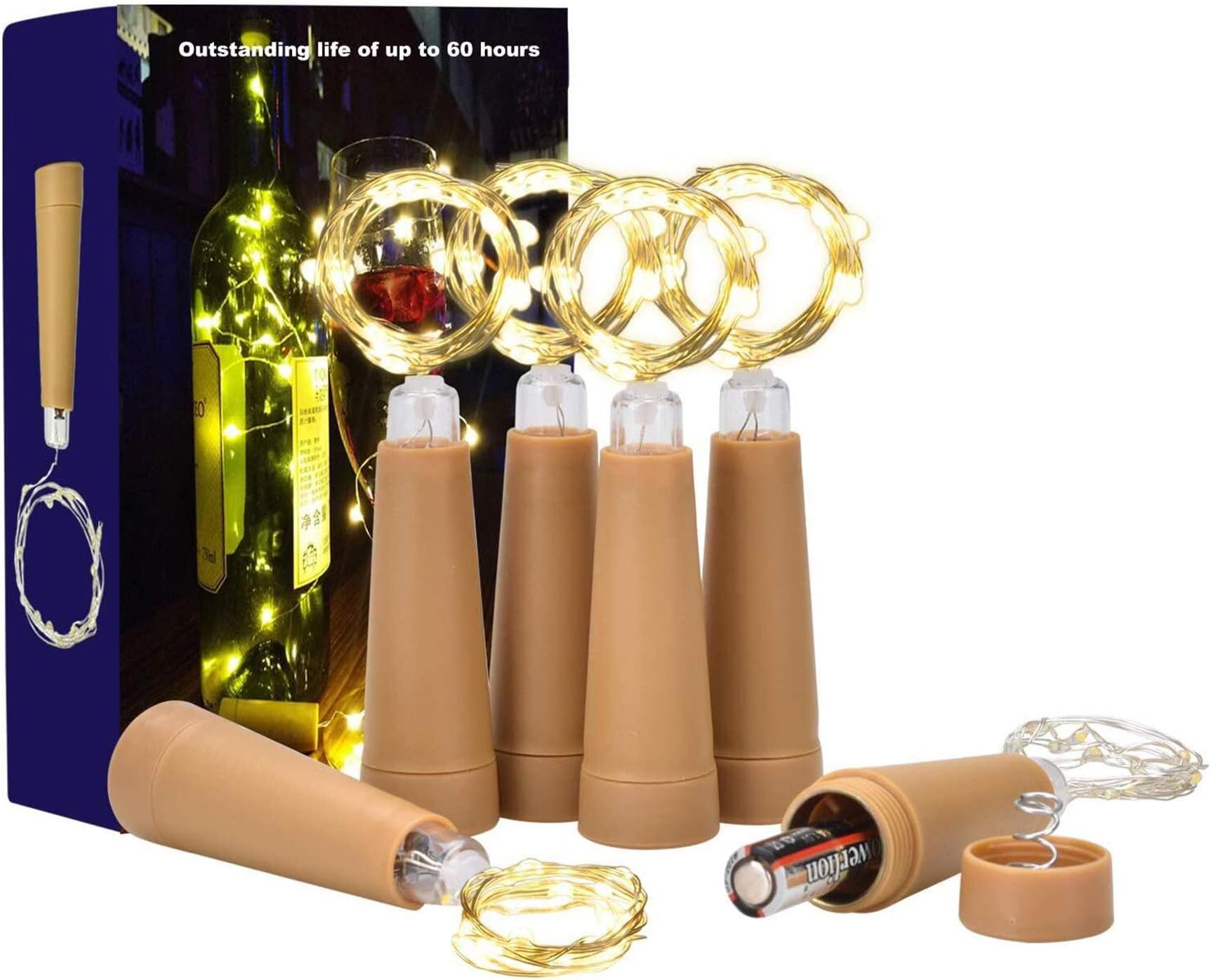 (6 Pack) Wine Bottle Cork Lights, 1 AAA Battery Operated LED Outdoor Indoor String Lights Warm White Fairy Lights for Bedroom, DIY, Party, Decoration, Christmas, Halloween, Wedding, 2.5ft