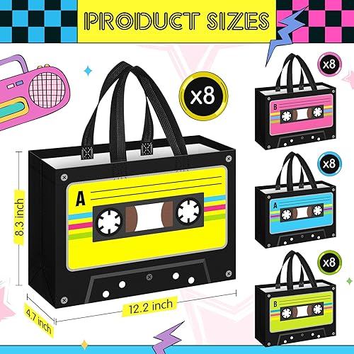 Miniatura 2 de WILLBOND 32 bolsas de recuerdos de fiesta de los años 80 y 90 de 12.2 x 8.3 pulgadas, reutilizables, no tejidas, bolsas de comestibles con asas,
