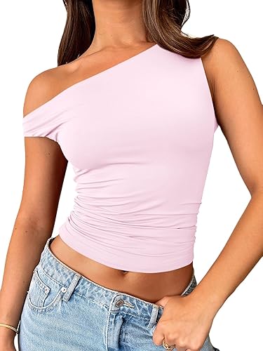 Trendy Queen Womens Summer Off The Shoulder Tops Going Out T Shirts Crop Tank Top Fashion Clothes Spring Outfits 2025 - Small - Pink