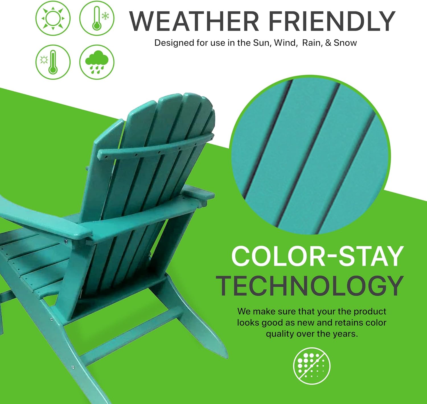 NewTechWood Atlantic Classic Curveback Plastic Weather Resistant Patio Adirondack Chair, Easy Installation, Widely Used in Outdoor, Fire Pit, Deck, Lawn, Outside, Garden Chairs (Seafoam)