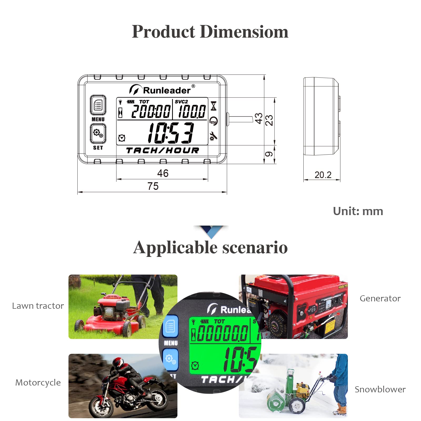 Tacómetro Digital/Medidor de Horas/Tacómetro con Retroiluminación Batería Reemplazable Alerta RPM Recordatorio de Mantenimiento Impermeable para Generador Cortacésped Motocicleta