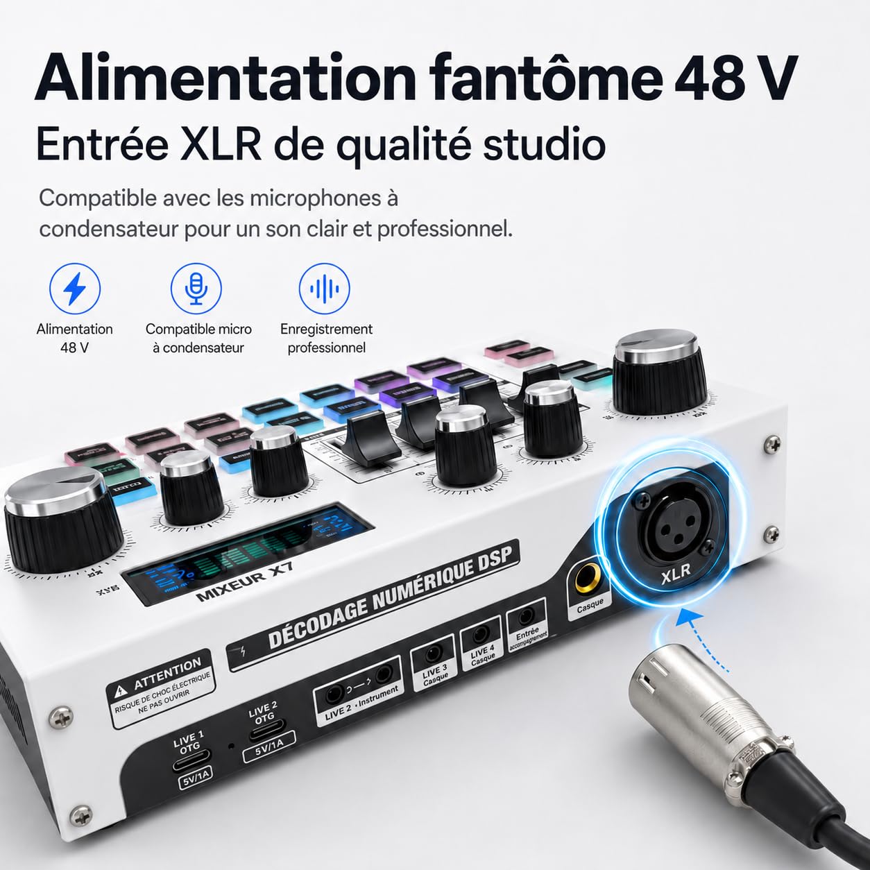 Mixeur audio USB pour podcasts et streaming, contrôleur audio DJ avec réduction du bruit, interface XLR, mixeur d'enregistrement en direct