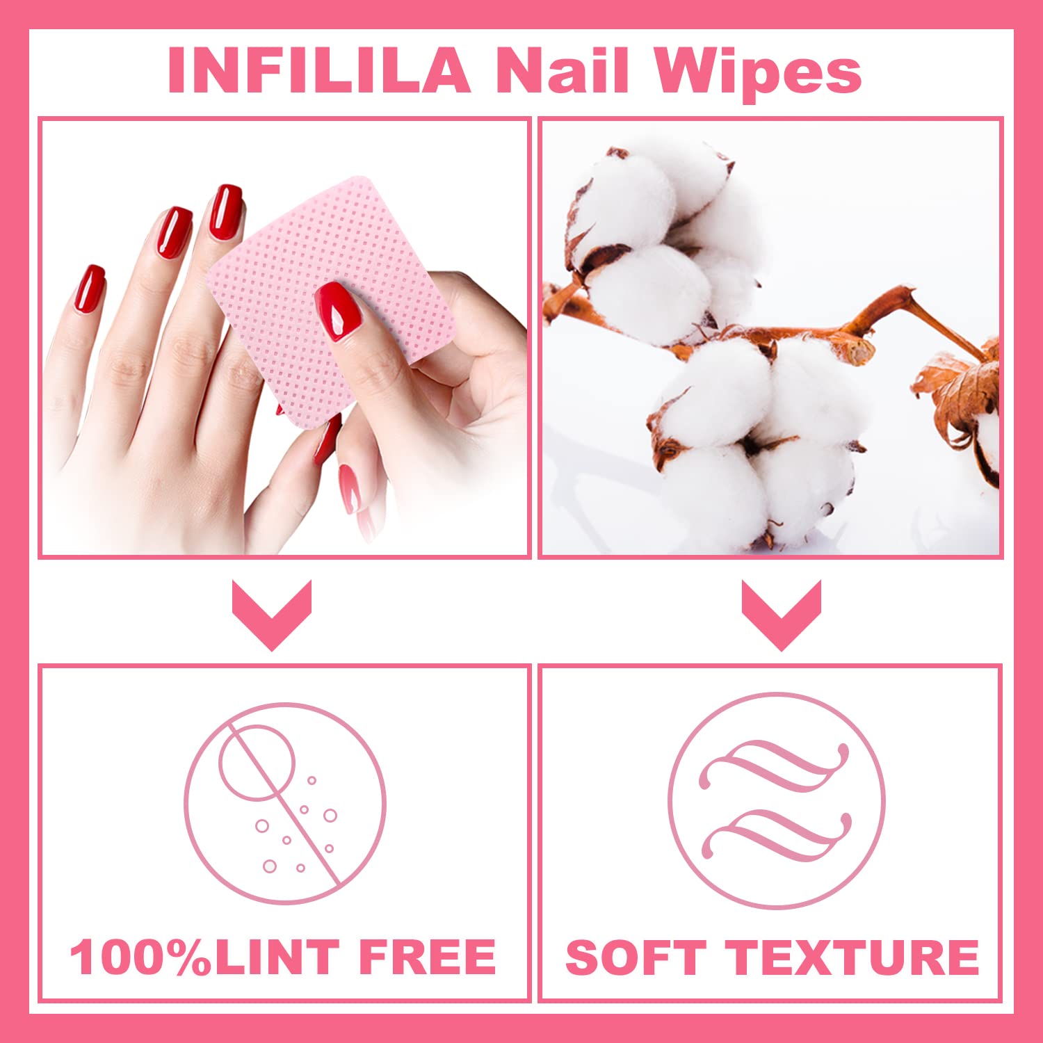 NXJ INFILILA Lint Free Nail Wipes, 1000PCS Non-Woven Fabric Dry Nail Prep Wipes, Absorbent Acetone Nail Polish Remover Lash Extensions Glue Nail Cleaning Pads for Salon Supplies (Pink) image 3