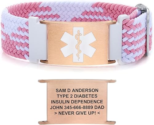 Pulseras de alerta médica para mujeres, hombres y niñas, pulsera de identificación médica personalizada con pulsera elástica trenzada de nailon,