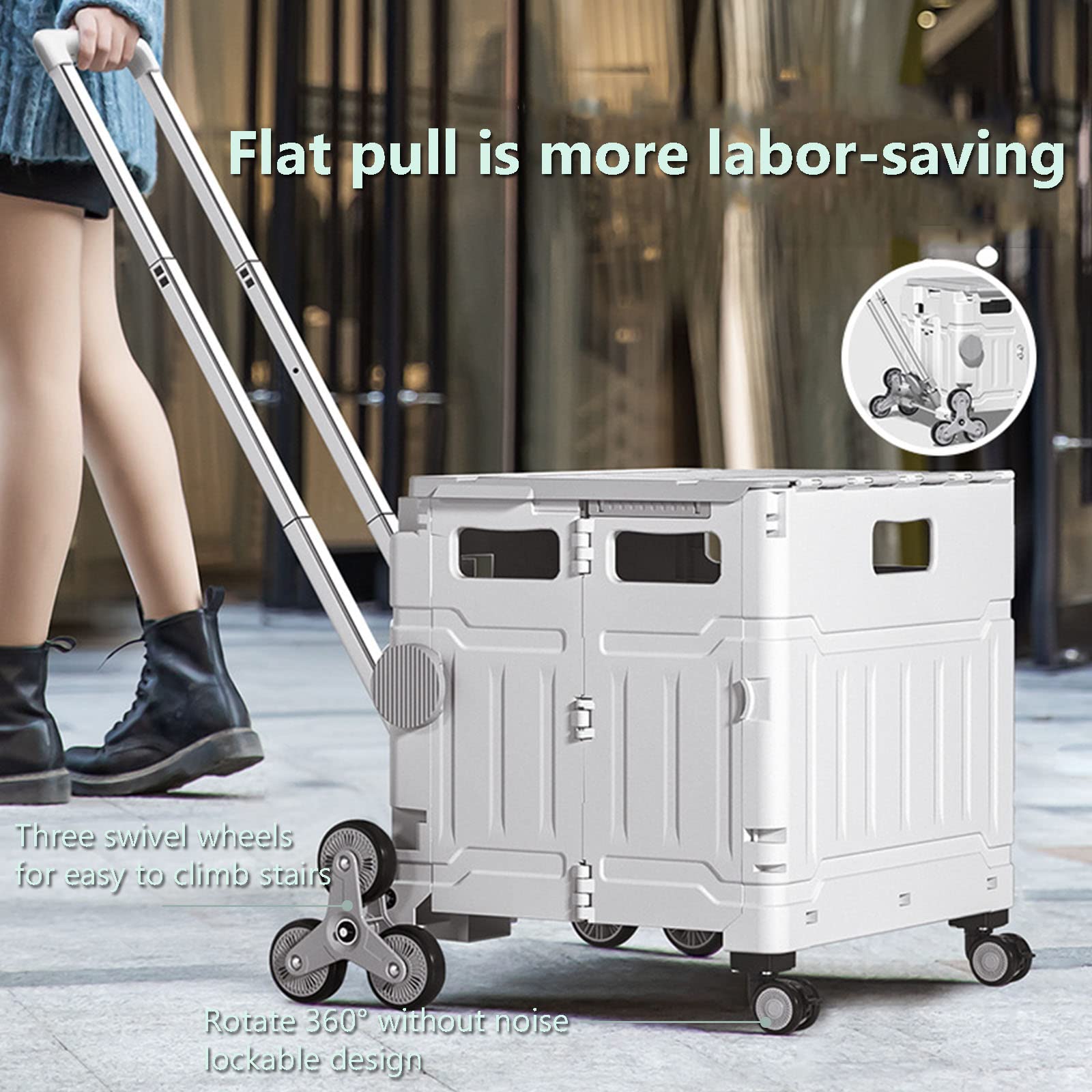 Carrito de compras plegable para escalera, carrito de comestibles con tapa, capacidad de 50 kg, portátil, ligero, de aluminio y plástico, mango telescópico, color gris
