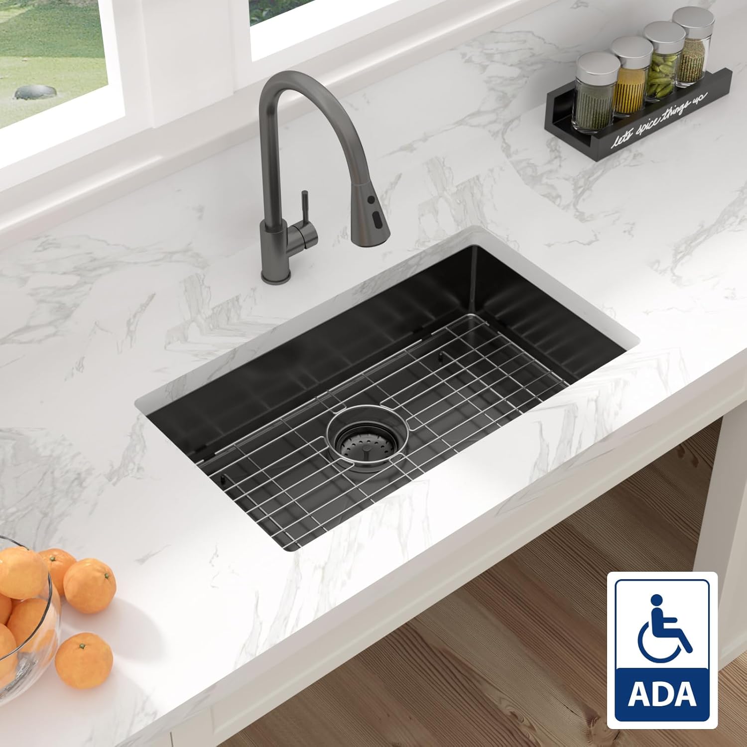 Sarlai ADA Black Kitchen Sink - 27 Inch Undermount Kitchen Sink Gunmetal Black 6-Inch Low Depth ADA Compliant Single Bowl 16 Gauge Stainless Steel 27x16 Inch Under Mount Handmade Sinks Basin