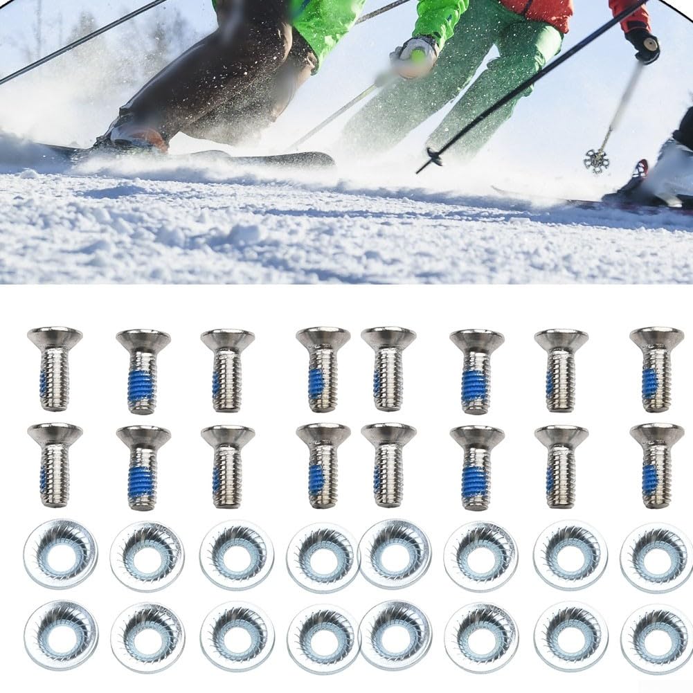 Lot de 16 vis fixes M6 x 16 avec rondelles – Matériel de montage de fixation en métal pour réparation de pièces de ski et de snowboard – Comprend des entretoises, design antidérapant (8 pièces)