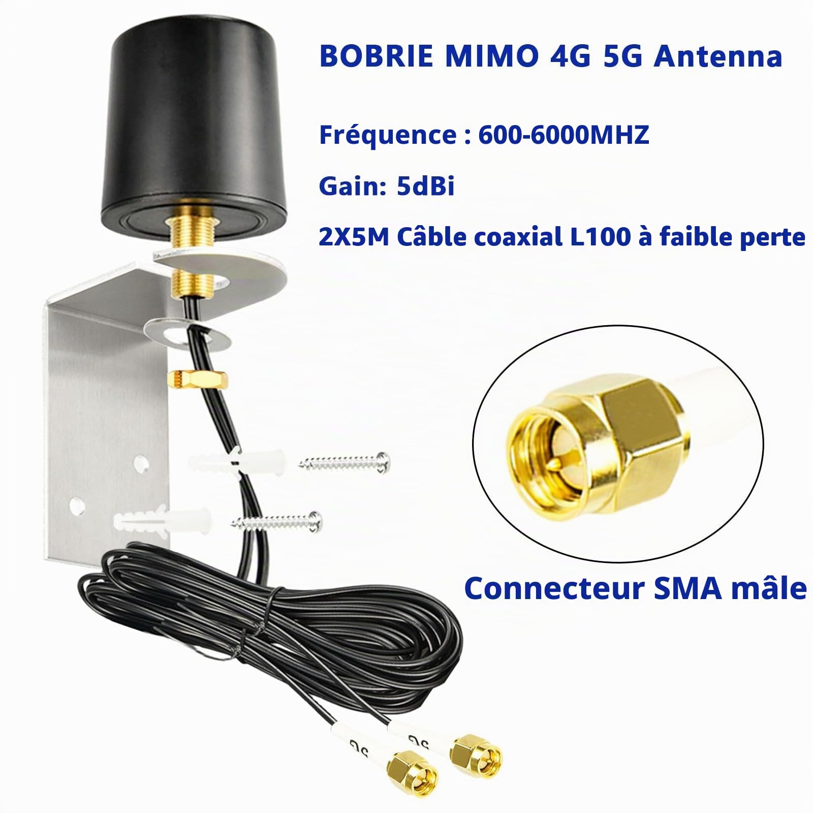 MIMO 5G Antenne LTE d'extérieur 600-6000 MHz 4G 5G LTE Antenne Omnidirectionnelle Externe 5 dBi Double Fiche SMA 5M Câble Coaxial BMR100 pour Routeur 4G/5G