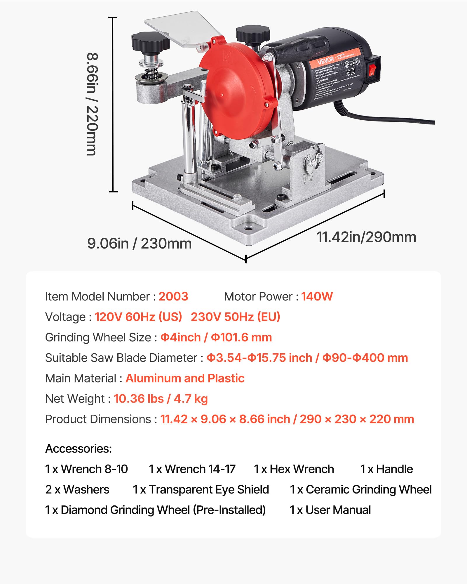VEVOR 140W Sägeblattschärfgerät, 5700 U/min Kreissägeblattschleifer mit 100mm Schleifscheibe, Elektr. Schärfmaschine mit ±25° Einstellwinkel für 90-400mm Sägeblätter, Blattschärfer für Holzbearbeitung