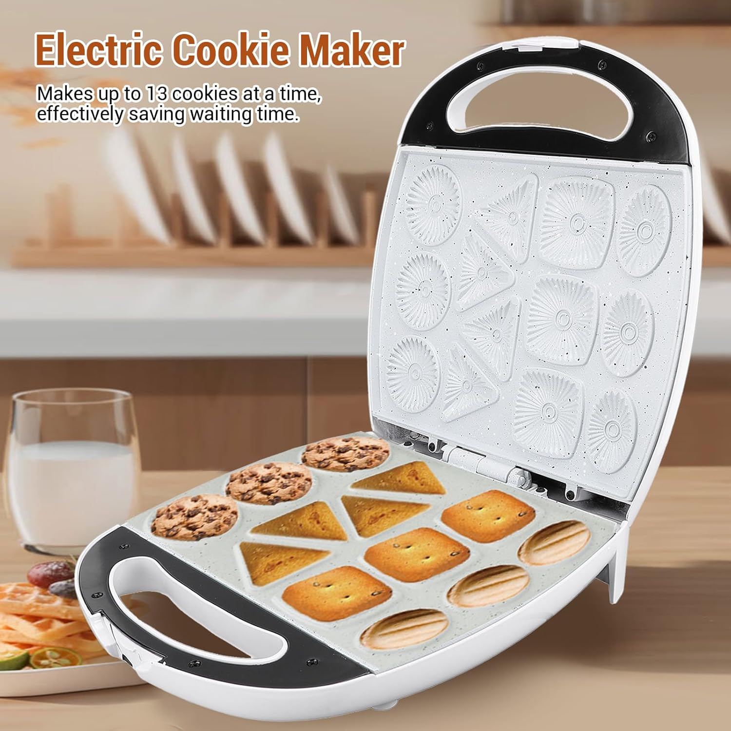Cookie Maker Machine, 1400W 13 Hole Anti Stick Household Biscuit Machine Pizzelle Baker Electric Cookie Maker Pizzelle Maker with Safety Handle Cookie Baker for Waffle Breakfast