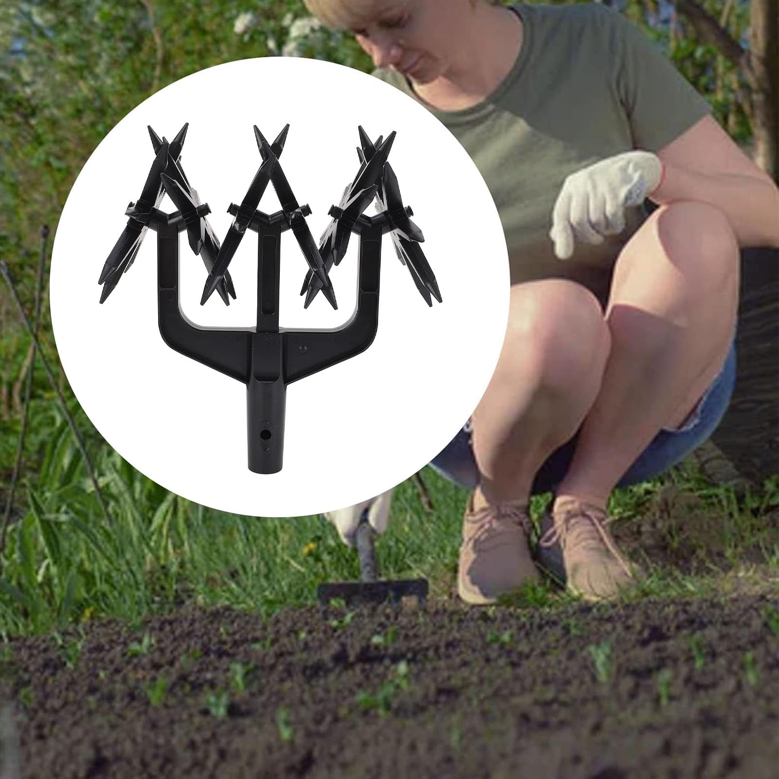 Cultivador Rotativo de Jardín, Cimor de Mano Ajustable con Ruedas de Plástico Desmontables y Largas Picos, Herramienta de Cultivador del Suelo para la Aireación