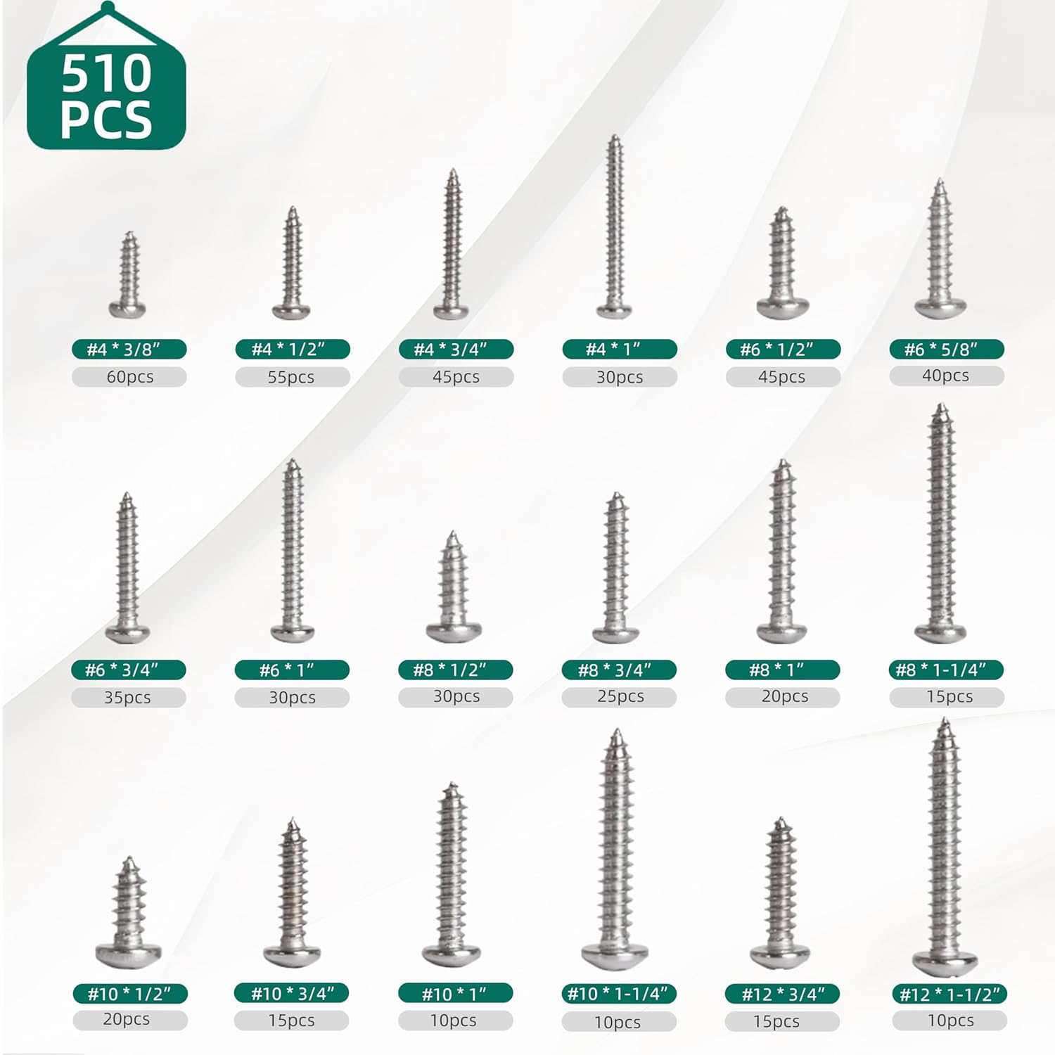 Wood Screws Assortment Kit, 510pcs Imperial Stainless Steel Phillips Pan Head Self Tapping Screws #4#6#8#10#12, 3/8" to 1-1/2" Screws for Wood, Plastic Project