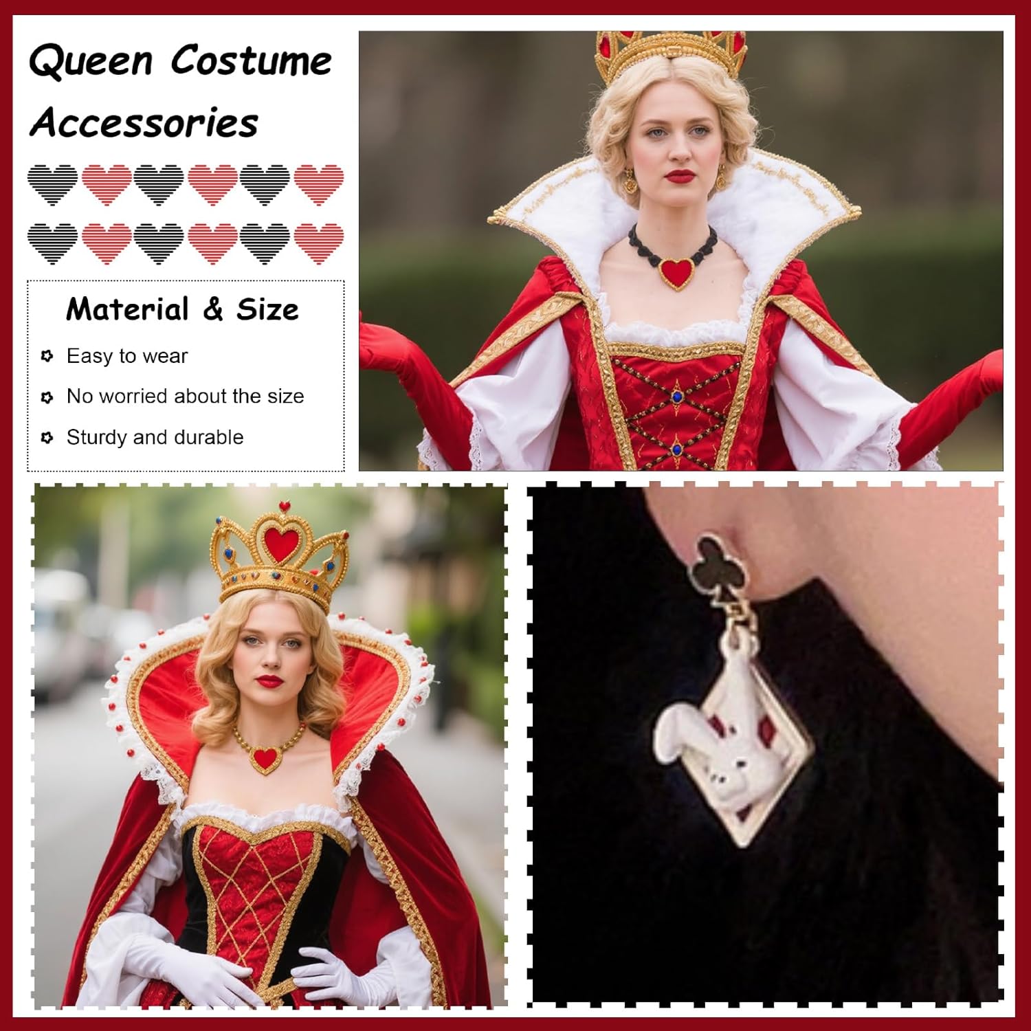 Queen of Heart Costume Jewelry Set for Women Red Heart Black Choker Charm Necklaces Rhinestone Blood Heart Earrings Pearl Drop Earrings Halloween Cosplay Party Jewelry Accessories - Image 5
