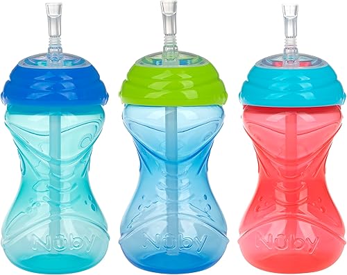 Nuby Taza de 3 piezas antiderrames de fácil agarre con popote flexible, función Clik It Lock, niño, 10 onzas Rojo