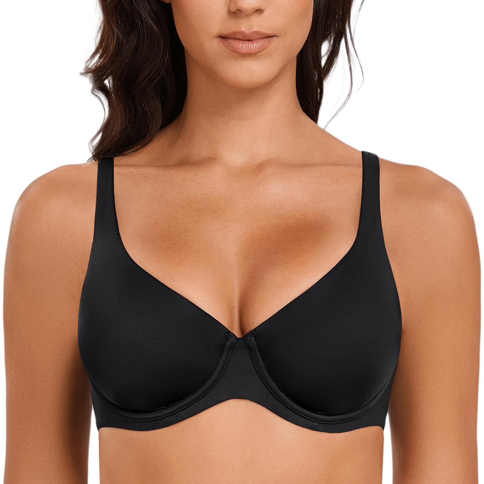 MELENECA Women's V-Neck Minimizer Underwire Plus Size Unlined Plunge T-Shirt Bras Black 48D