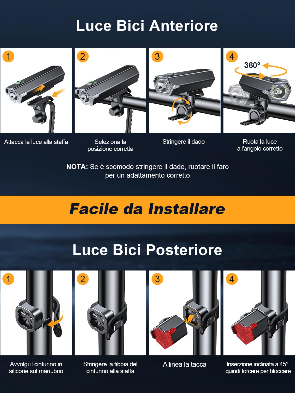 Glangeh Luci Bicicletta LED Ricaricabili USB, 4+6 Modalità & Impermeabile IP65 Luce Bici Potenti con Luce Laterali, Ricarica USB, Luci Posteriori per Moto per Guida Diurna/Notturna