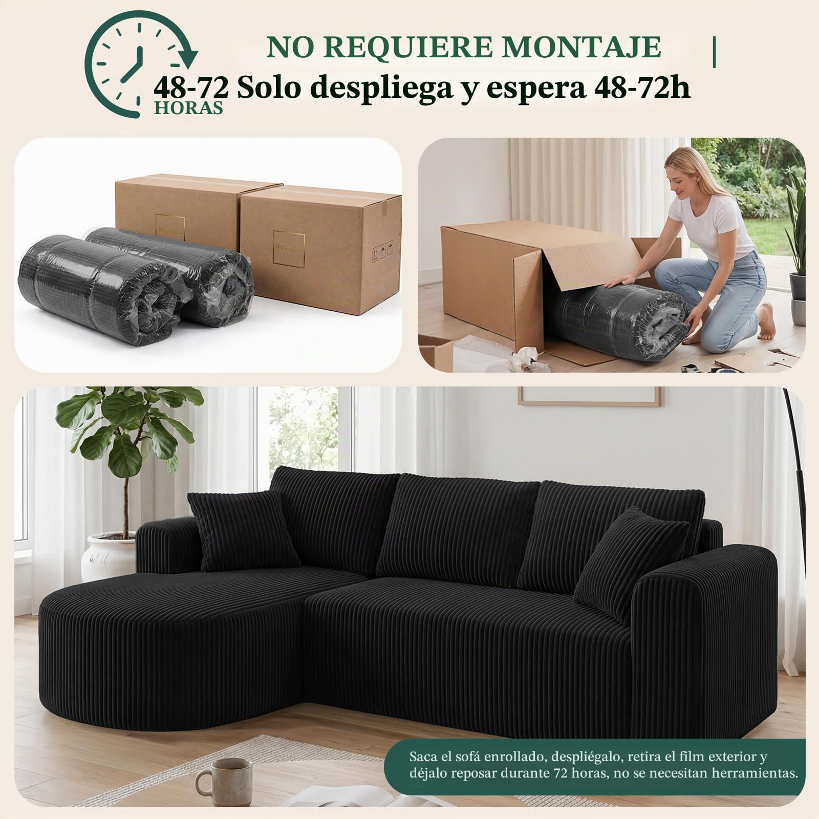 COMHOMA Sofá esquinero con función de dormir, 243 cm, sofá modular sin boneless con chaise longue, sofá cama seccional con cojines y bolsillos laterales, sofá para salón, sin montaje, color negro