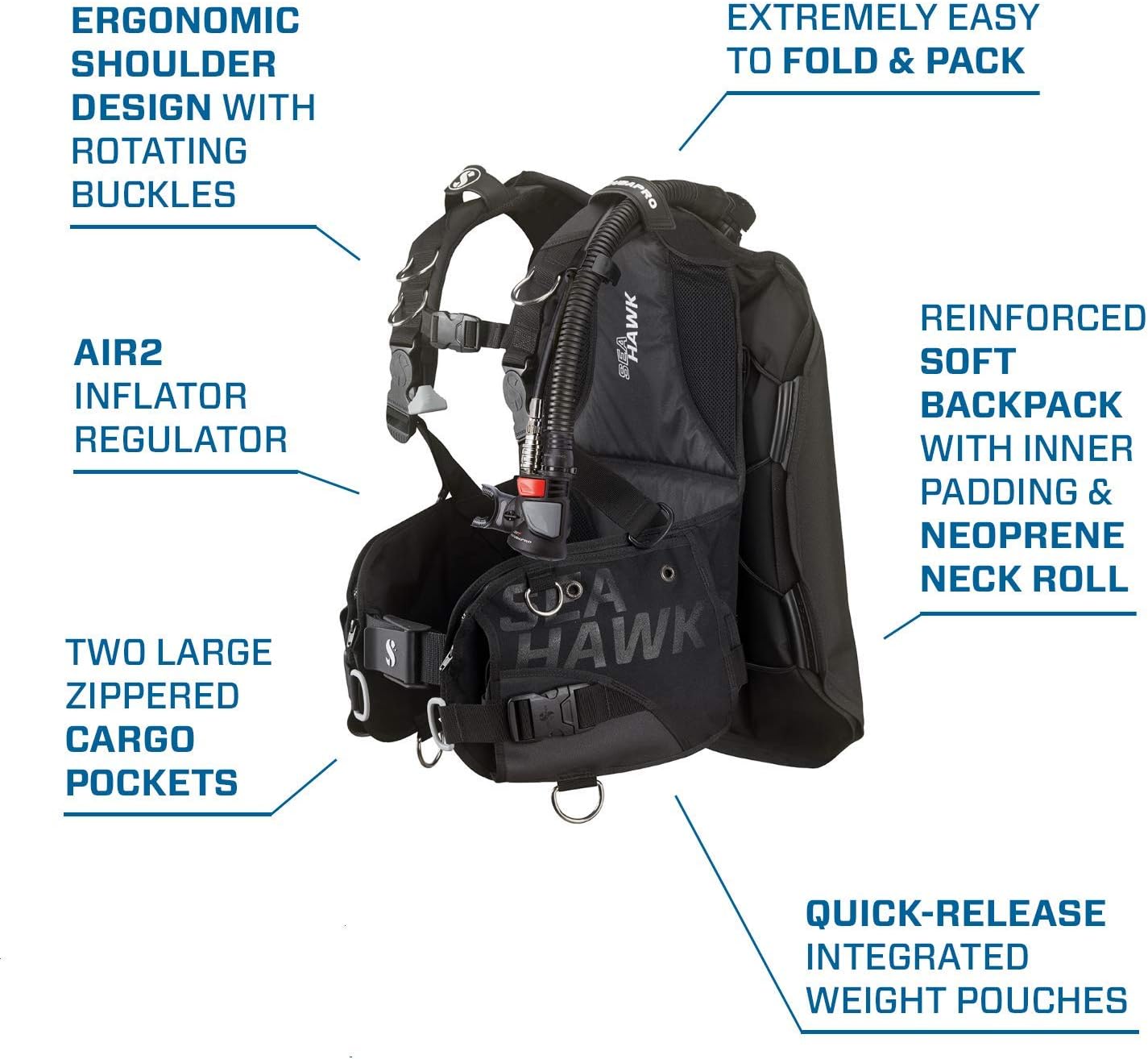 SCUBAPRO Seahawk 2 Diving BCD with 5th Generation Air2 Octopus/Inflator (Extra Large, Black)