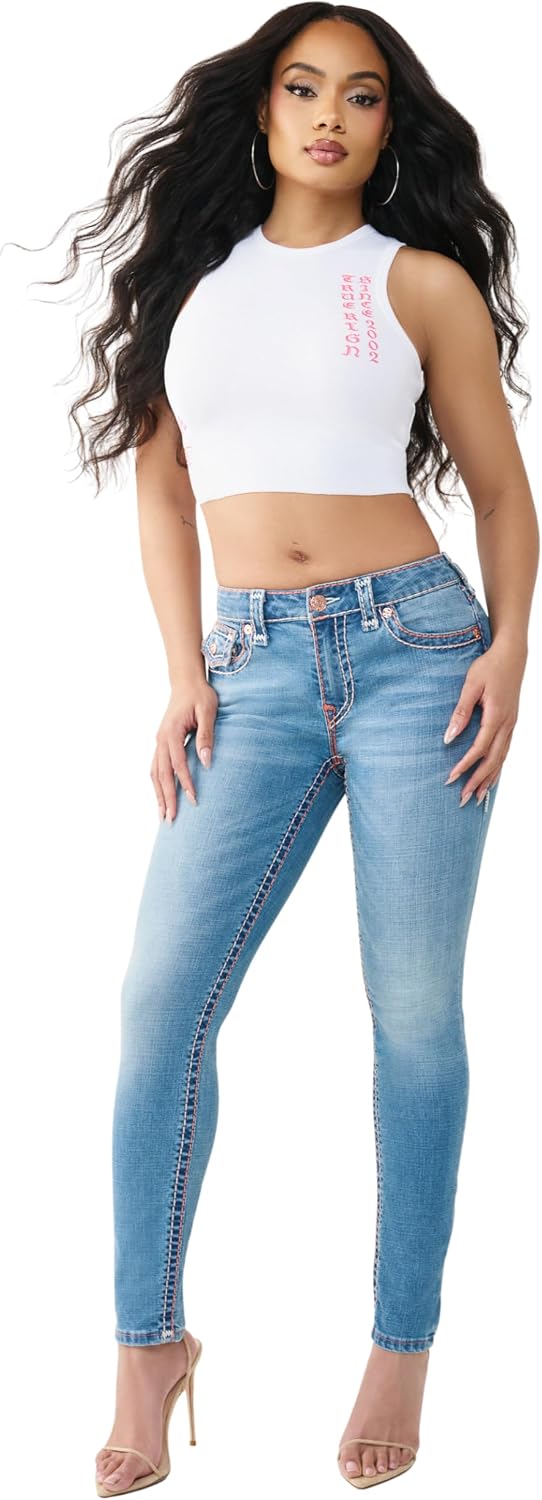 True Religion Women's Jennie Mid Rise Skinny Jeans - Cotton Blend, Super T Flap Pocket, Skinny Fit