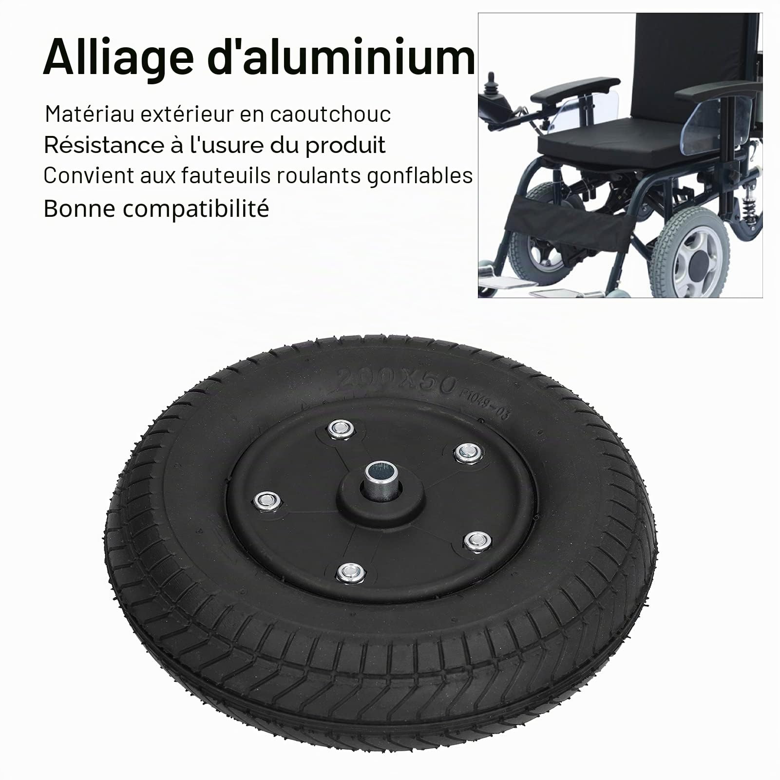 Pièce de Rechange de Roulette de Fauteuil Roulant Gonflable Antidérapante de Roue Avant de Fauteuil Roulant pour le Marcheur électrique de Fauteuils Roulants 200x50 8in