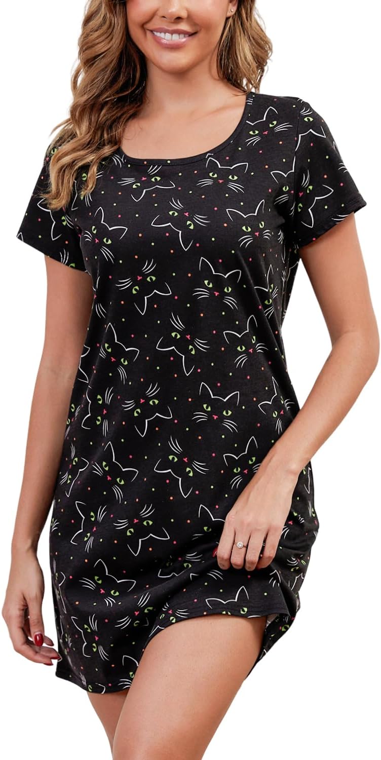 Inadays Women's Cotton Nightgown Sleepwear Short Sleeves Nightshirt Casual Print Sleepdress Loose Comfy Pajama