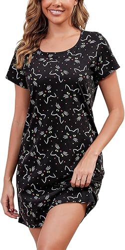 Inadays Camisón de algodón para mujer, ropa de dormir de manga corta, camisón casual con estampado, pijama holgado y cómodo