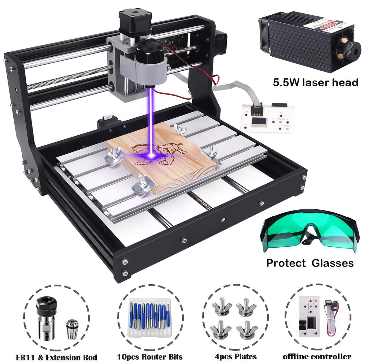 MYSWEETY DIY CNC 3018-PRO 3 Axis CNC Router Kit with 5500mW 5.5W Module + PCB Milling, Wood Carving Engraving Machine with Offline Control Board + ER11 and 5mm Extension Rod