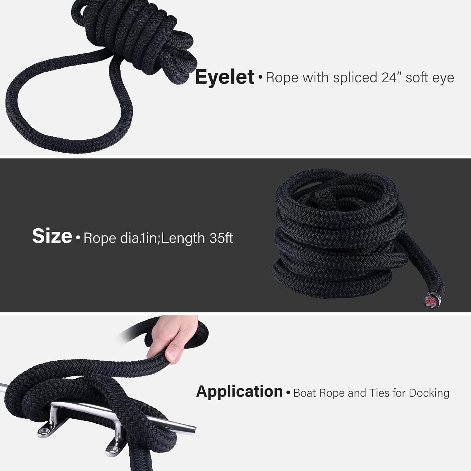 NovelBee 1" Dock Line 2 Pack,Double Braid Nylon Boat Dock Line,Heavy Duty Mooring Marine Rope with 24” Eyelet,Boat Rope and Ties for Docking (1" x 15')