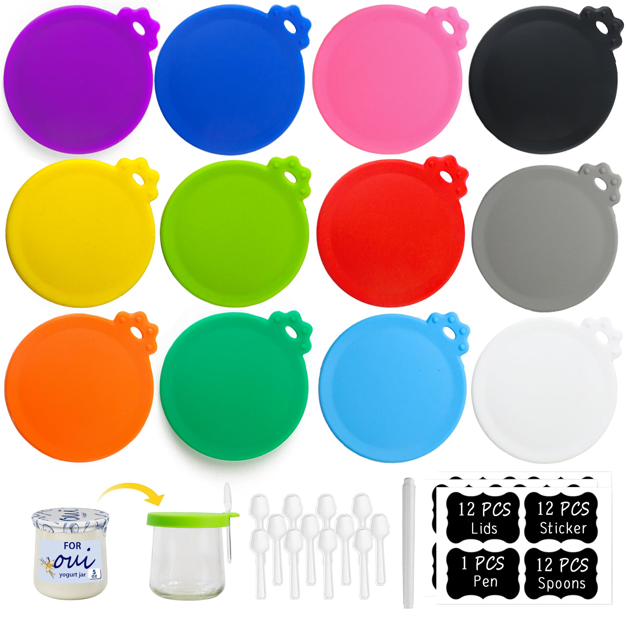 Oui Yogurt Jar Lids - 12 pack Oui Lids for Yoplait Yogurt Container - and 12 Oui Yogurt Bottle Label and 1 Pen, Sealed Against Leaks Silicone Lids For 5 Oz Oui Yogurt Jars in 12 colors