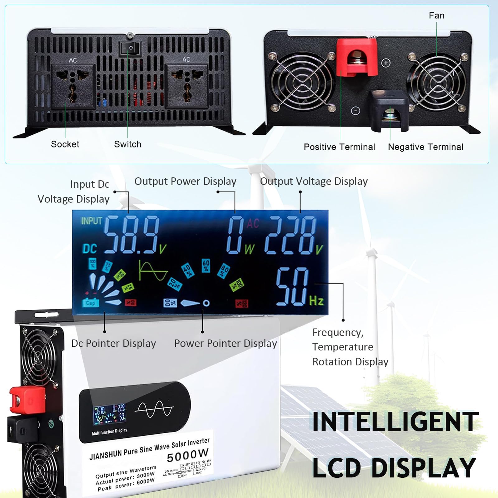 Inversor Solar híbrido de 5000 W, convertidor de 12V 24V 48V 60V 72V CC a 110V 220V CA con Pantalla LCD, inversor de Onda sinusoidal Pura para Camiones, hogares, vehículos,48V-5000W