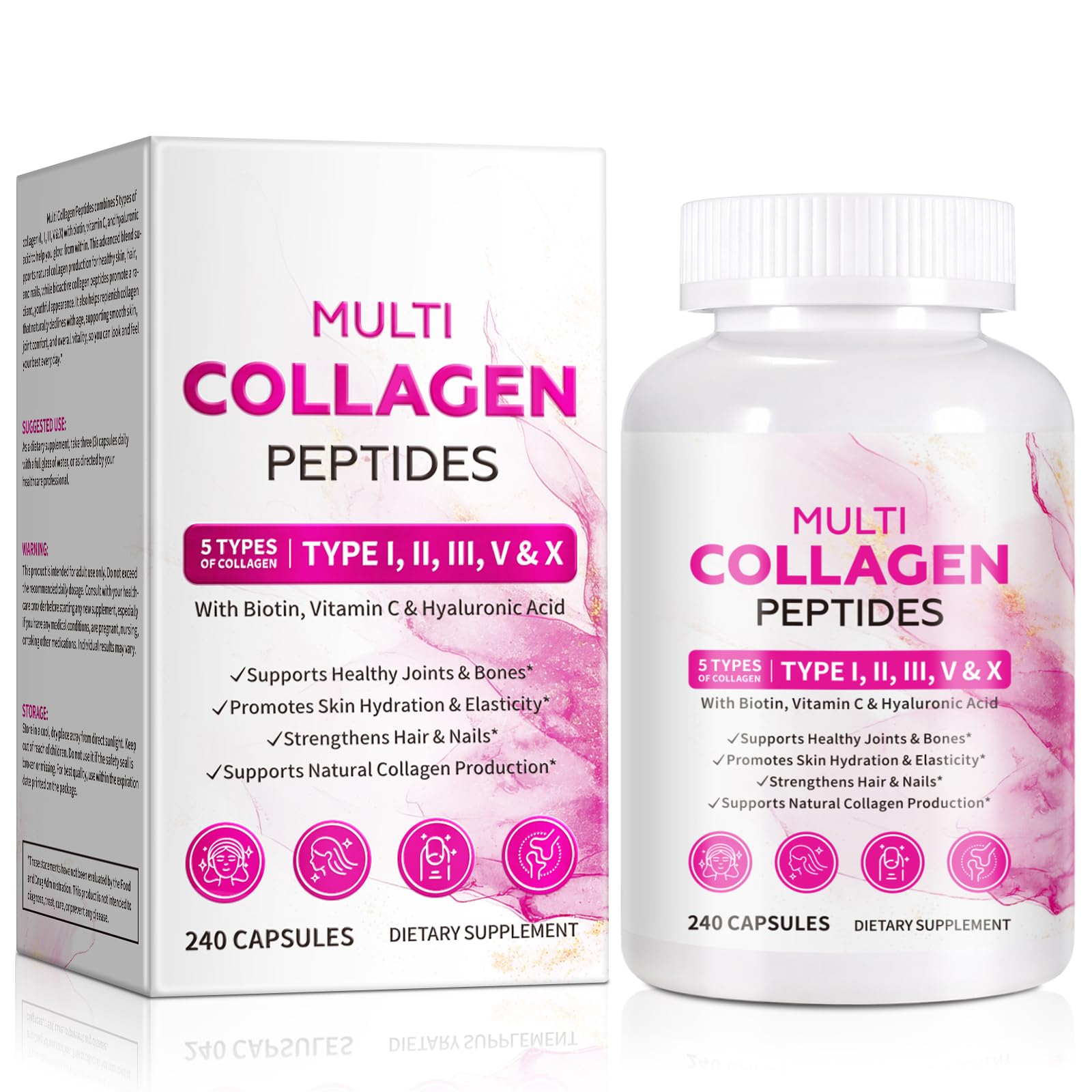 Multi Collagen Peptides Capsules with Biotin Vitamin C Hyaluronic Acid 5 Types Collagen I II III V X