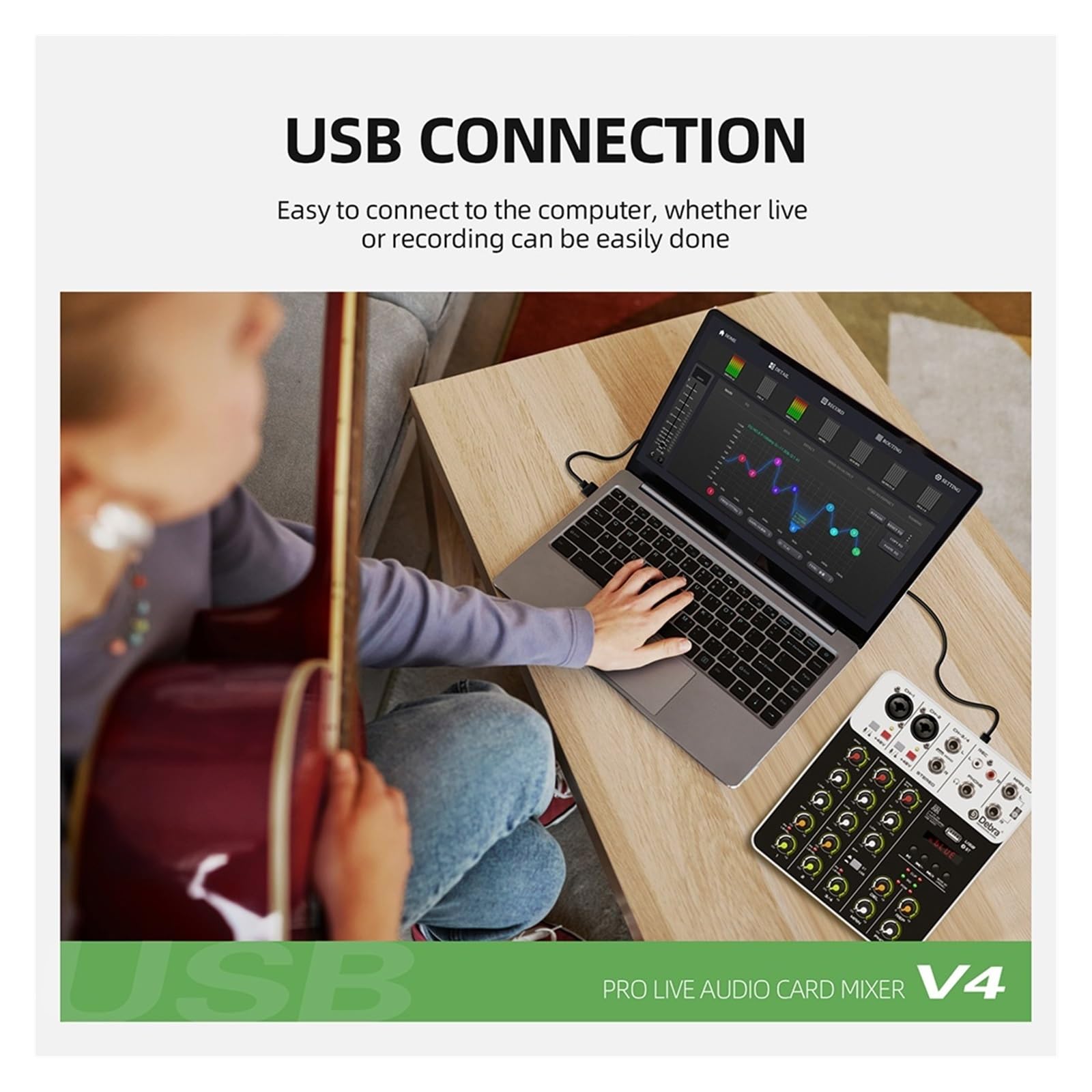 Mixer per DJ, V4 DJ Mixer Console 4 Canali Mixer Portatile 48V Phantom Power USB con Scheda for PC Registrazione Canto(V4 White Type)