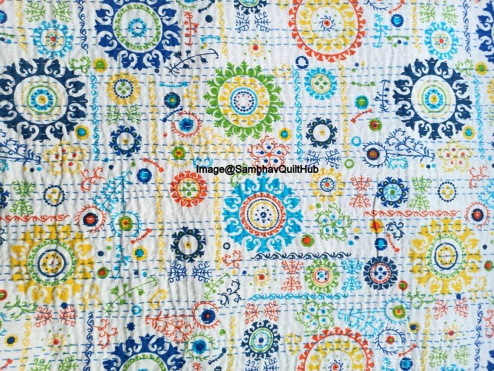 White Handblock Suzani Floral Print Handmade Cotton Kantha Quilting Boho Bedding Throw Blanket Hippie Queen/King Size Bohemian Block Kantha Quilt (Queen 90X108 inches)
