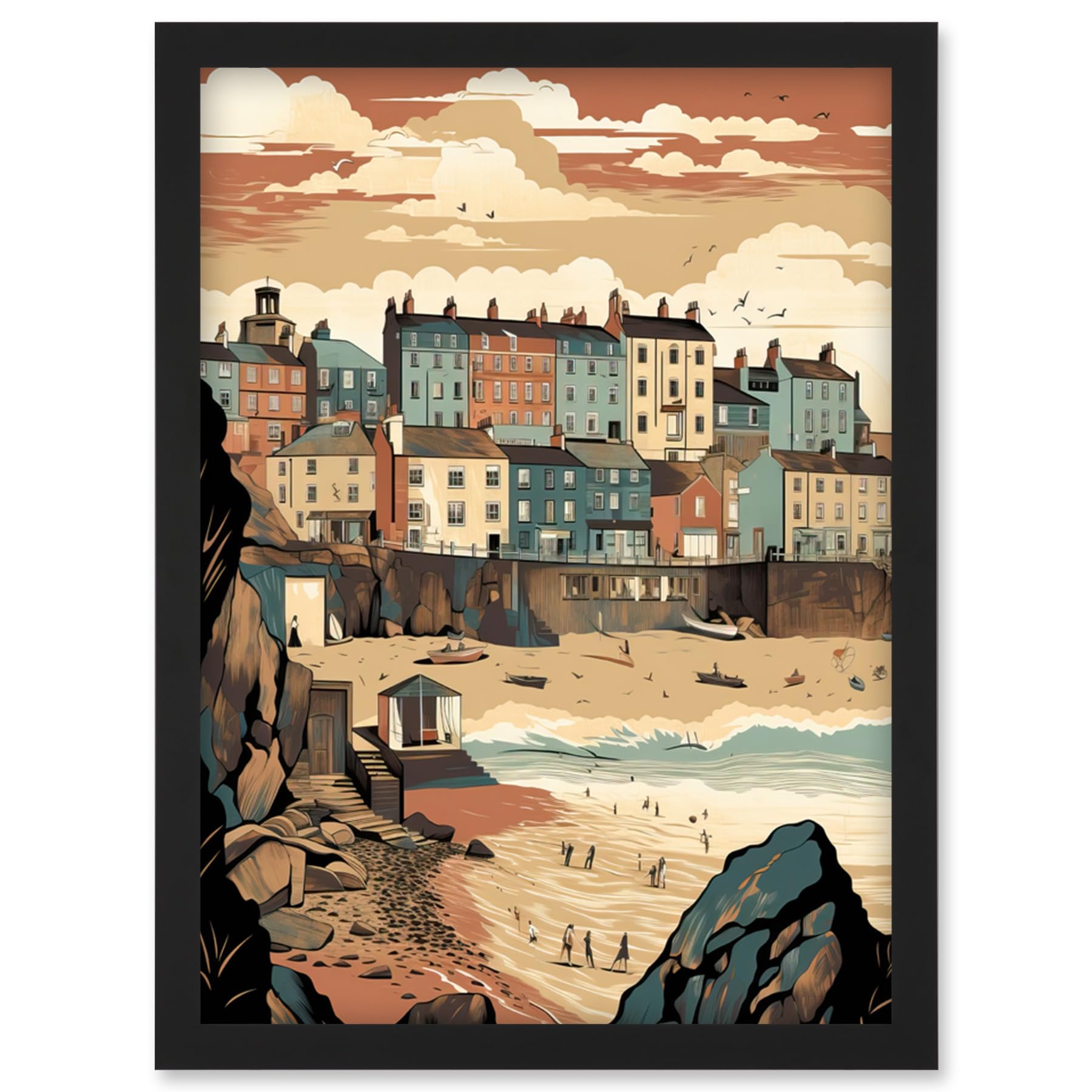 B&Q -  Tenby Harbour Beach Pastel Colour Coastal Town Wall Art PrintA4 Size