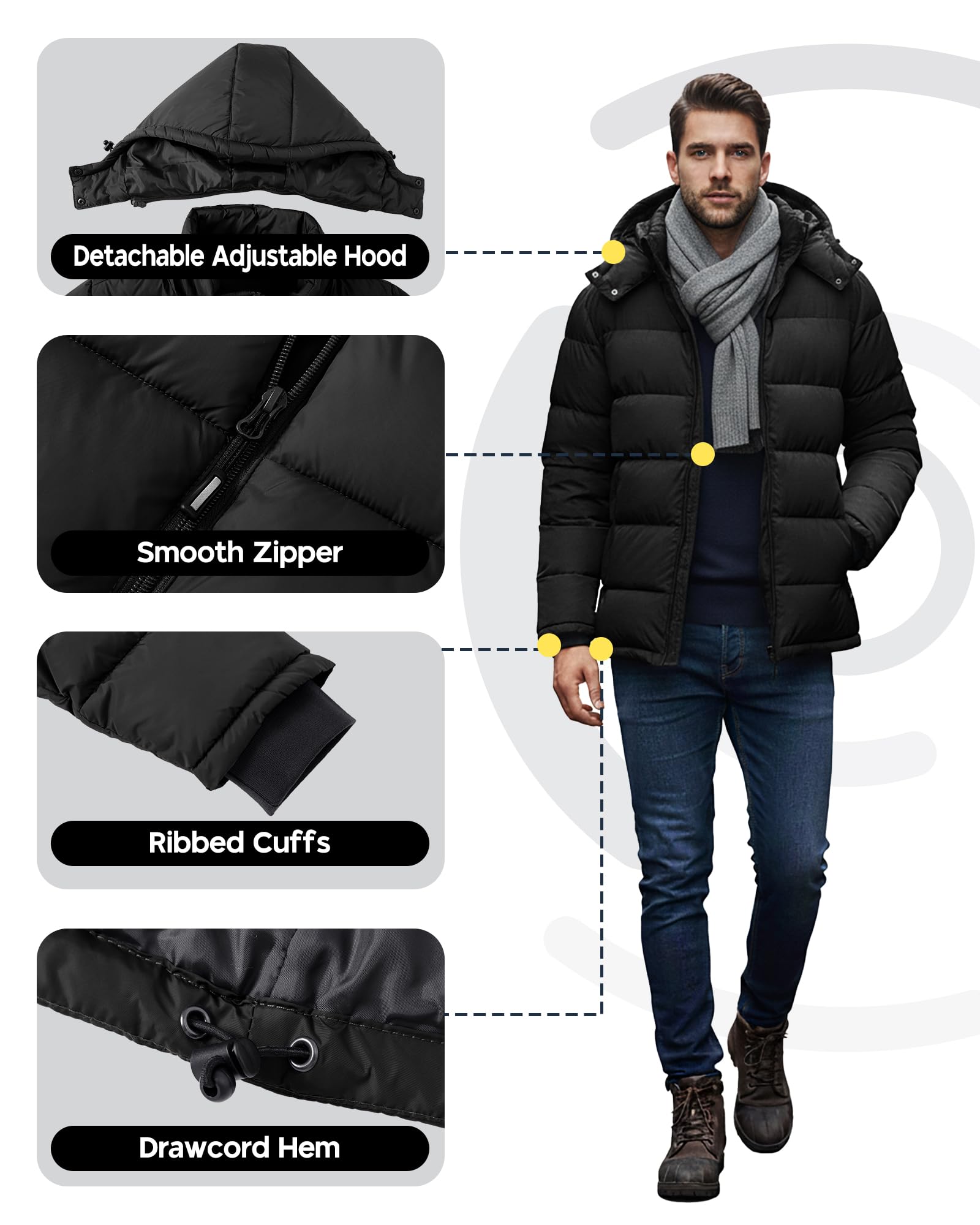 Outdoor Ventures Herren Leichte Steppjacke Wasserdichte Übergangsjacke Winddichte Warme Winterjacke Männer Daunenjacken Winterparka mit Gefüttert Abnehmbare Kapuze Stehkragen