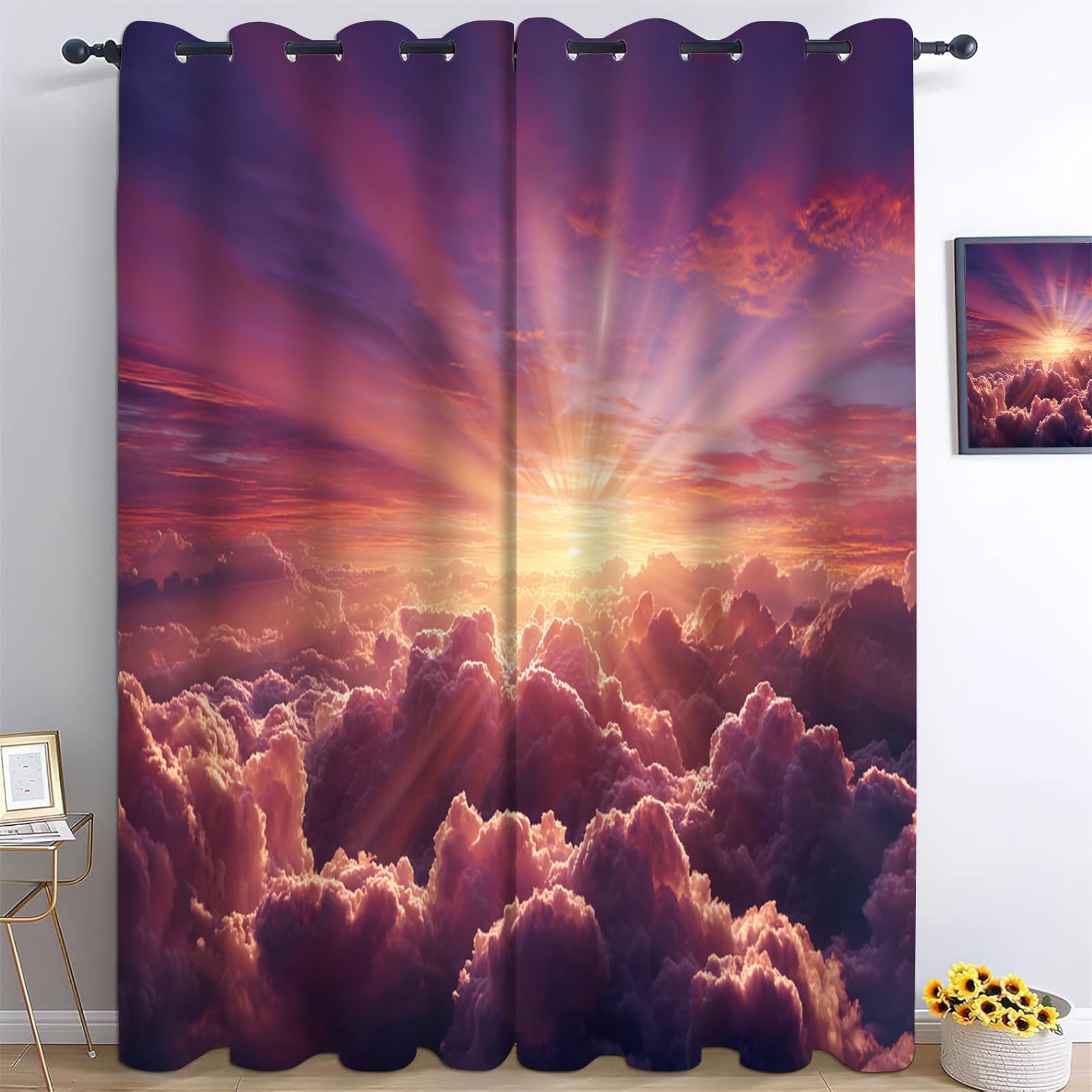 Coucher De Soleil Rideaux Occultant,140x180cm（LxH）,Ciel Et Nuage Rideau,Thermique Isolant Tenture Opaque à Oeillets Draperies Intérieurs pour Maison Chambre Salon Fenetre,2 Panneaux