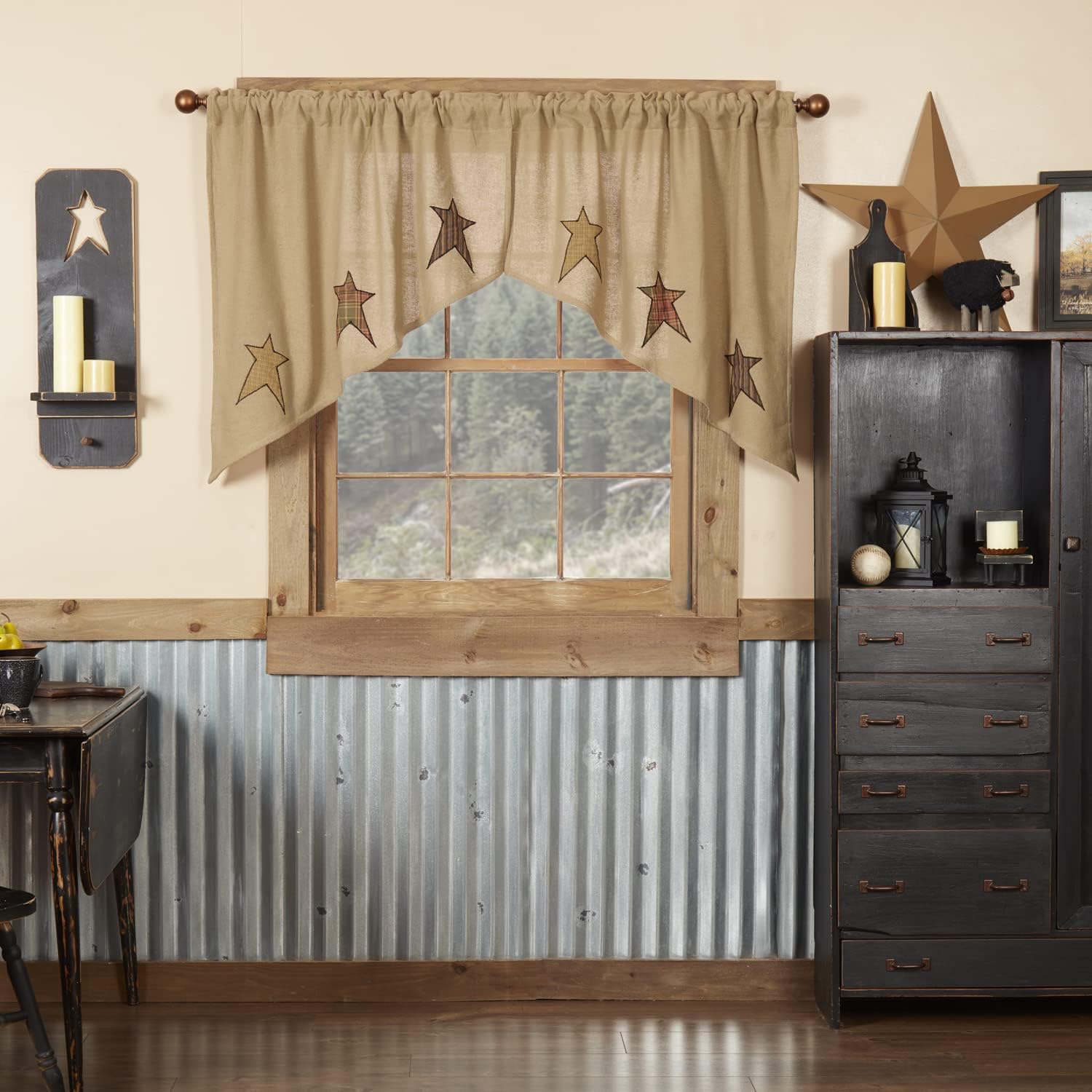 VHC Brands Stratton Primitive 36"x36"x16" Burlap Star Swag Pair Tan Rod Pocket Appliqued Cotton Kitchen Window Curtains