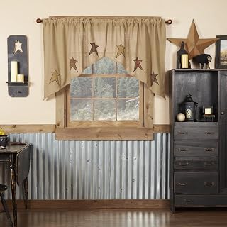 VHC Brands Stratton Primitive 36"x36"x16" Burlap Star Swag Pair Tan Rod Pocket Appliqued Cotton Kitchen Window Curtains