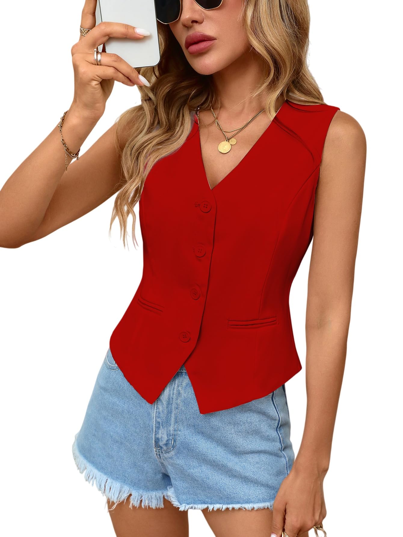 Womens Sleeveless Suit Vest Lightweight Business Casual Waistcoat V-Neck Button Down Office Loose Fit Spring Summer