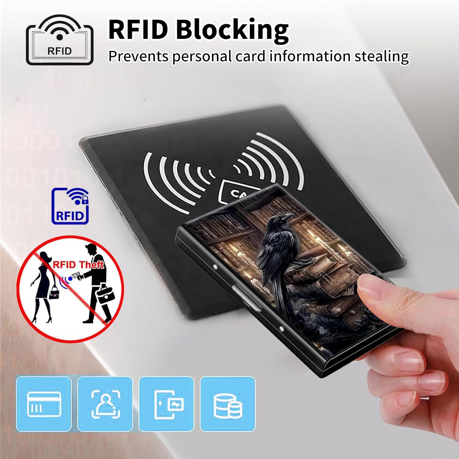 Metal Wallet,Credit Card Holder for Women Men,RFID Blocking Card Holder Mini Slim Aluminum Wallet ID Case Hard Case Business Card Holder Case,Crow Bookshelf